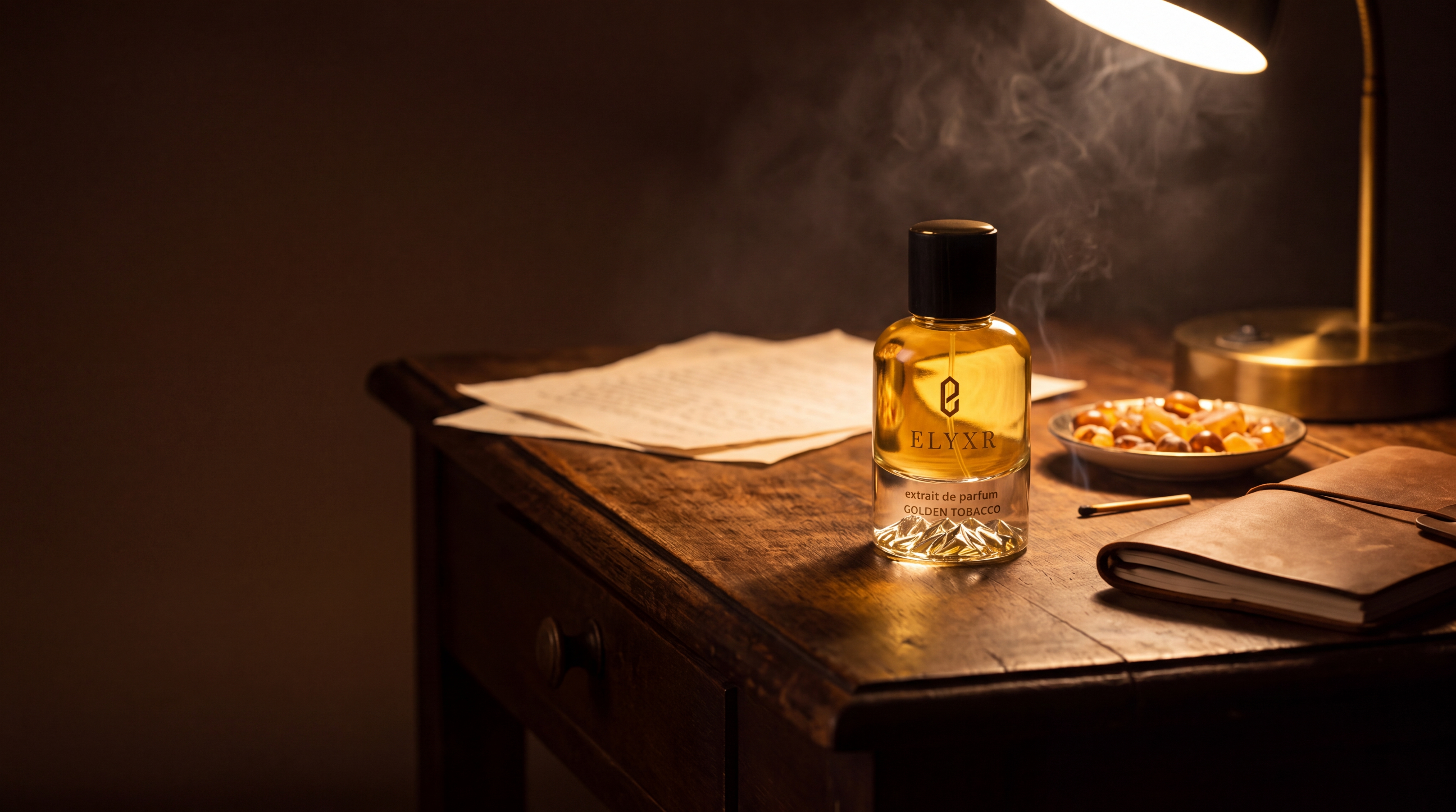 Golden Tobacco extrait on a lamplit desk
