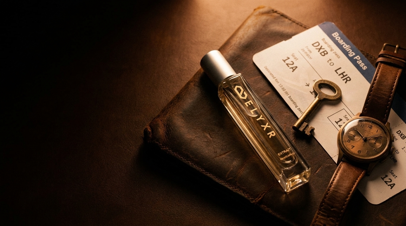 10ml Elyxr vial on a leather wallet with a boarding pass and watch
